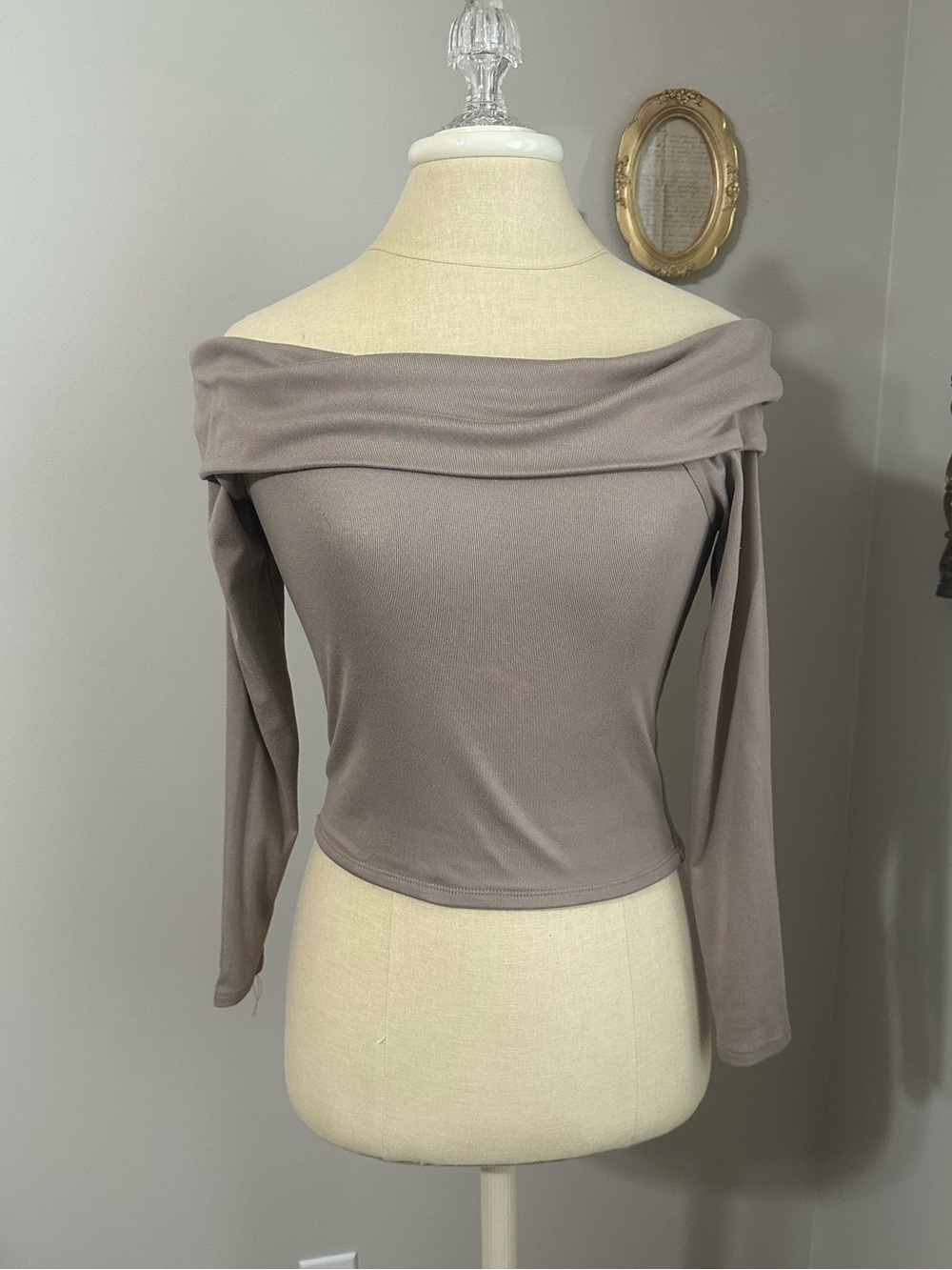 Off-the-Shoulder Long Sleeve Top — Taupe